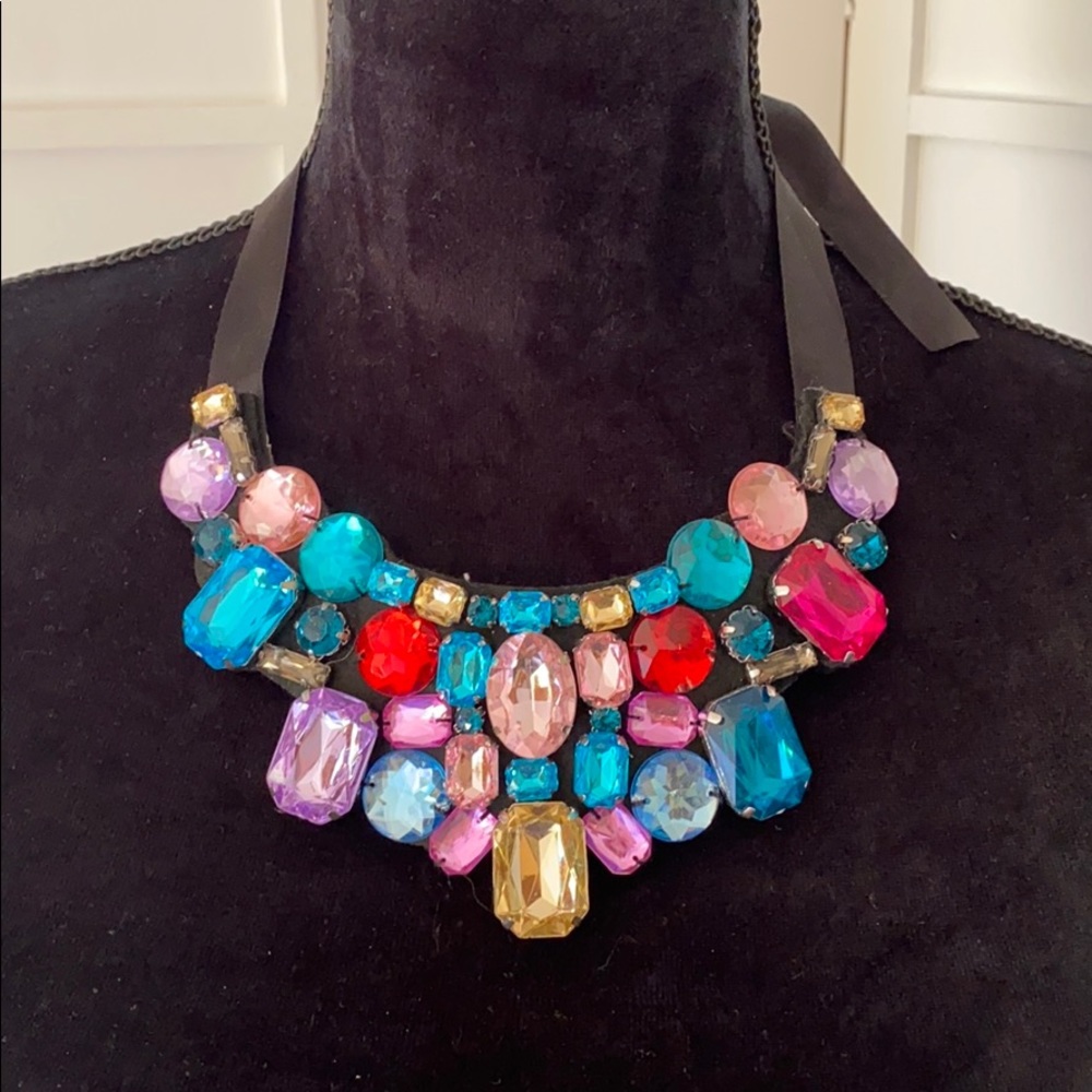 Colorful statement necklace with ribbon tie 38”